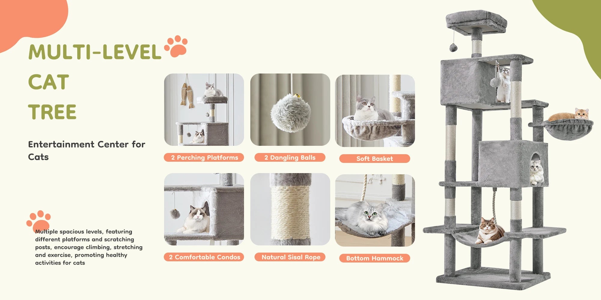 66-Inch Multi-Level Cat Tree Tower with Condo, Hammock & Scratching Posts