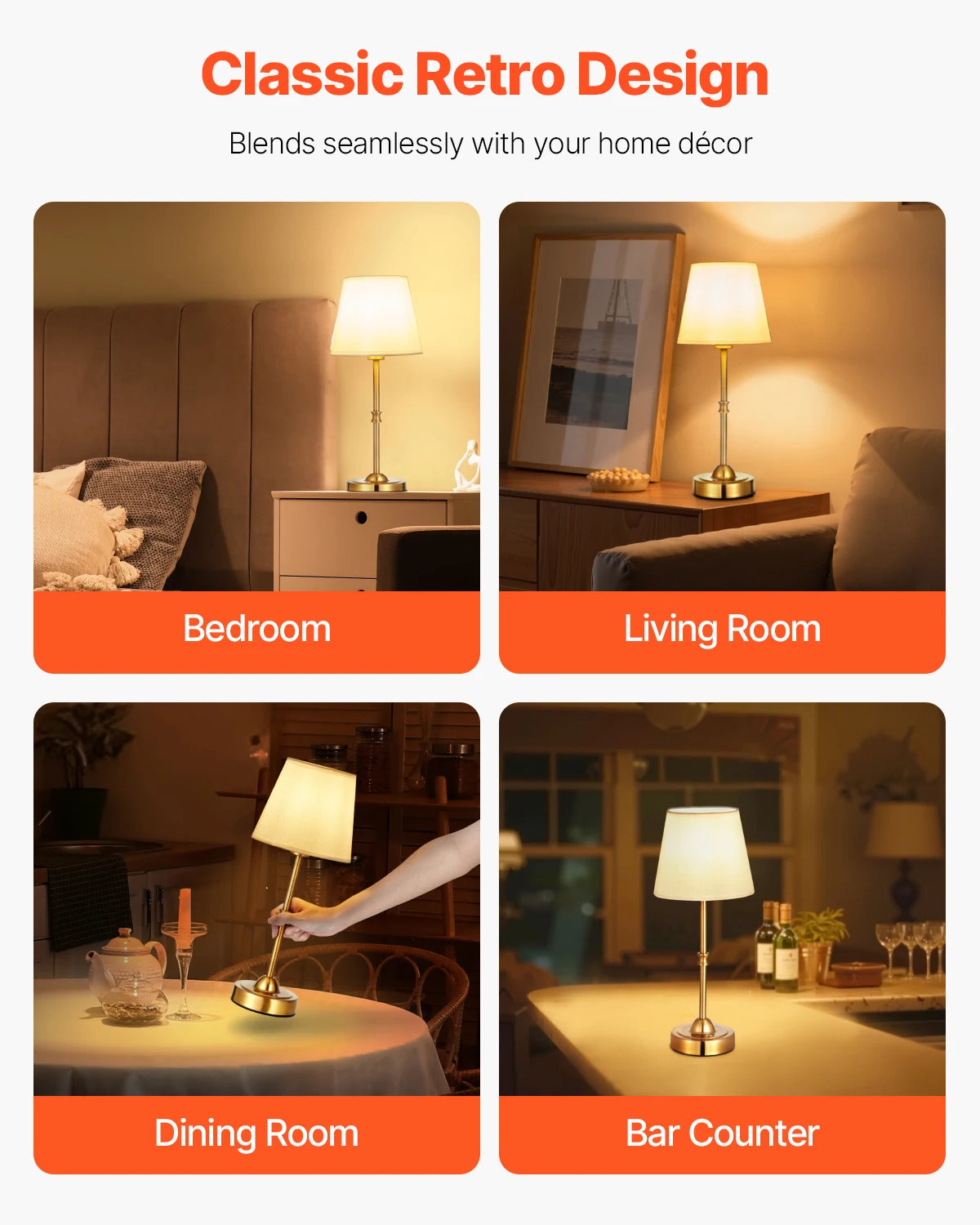 Cordless Table Lamp with Rechargeable Battery & Touch Dimming
