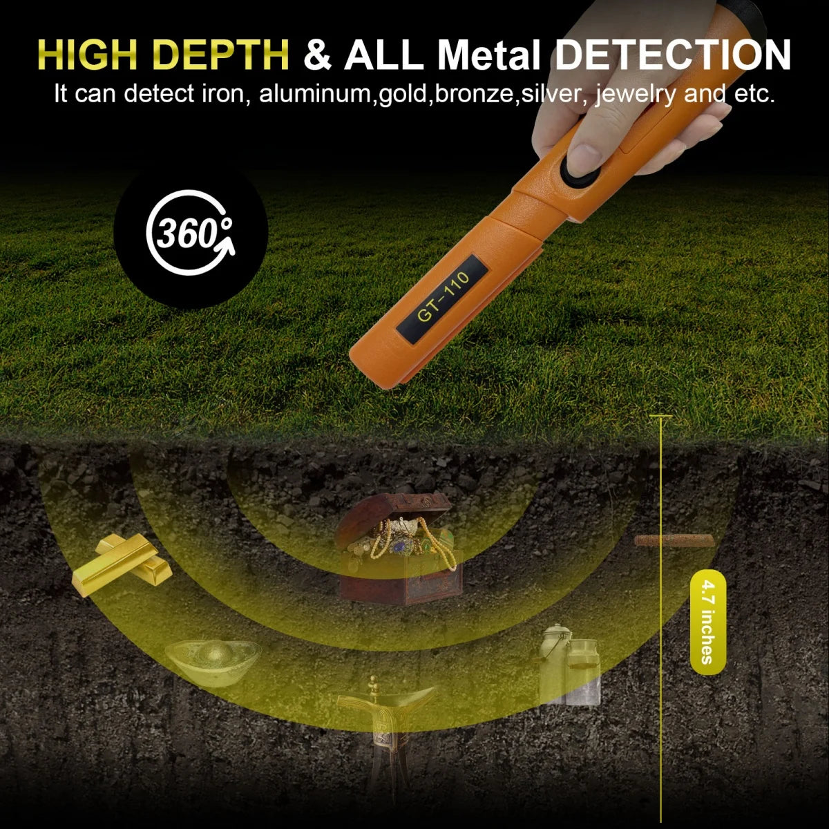 Treasure Hunter GT110 Handheld Metal Detector Pinpointer Probe Anti-scratch Pinpointing Waterproof 360 Degree Scan