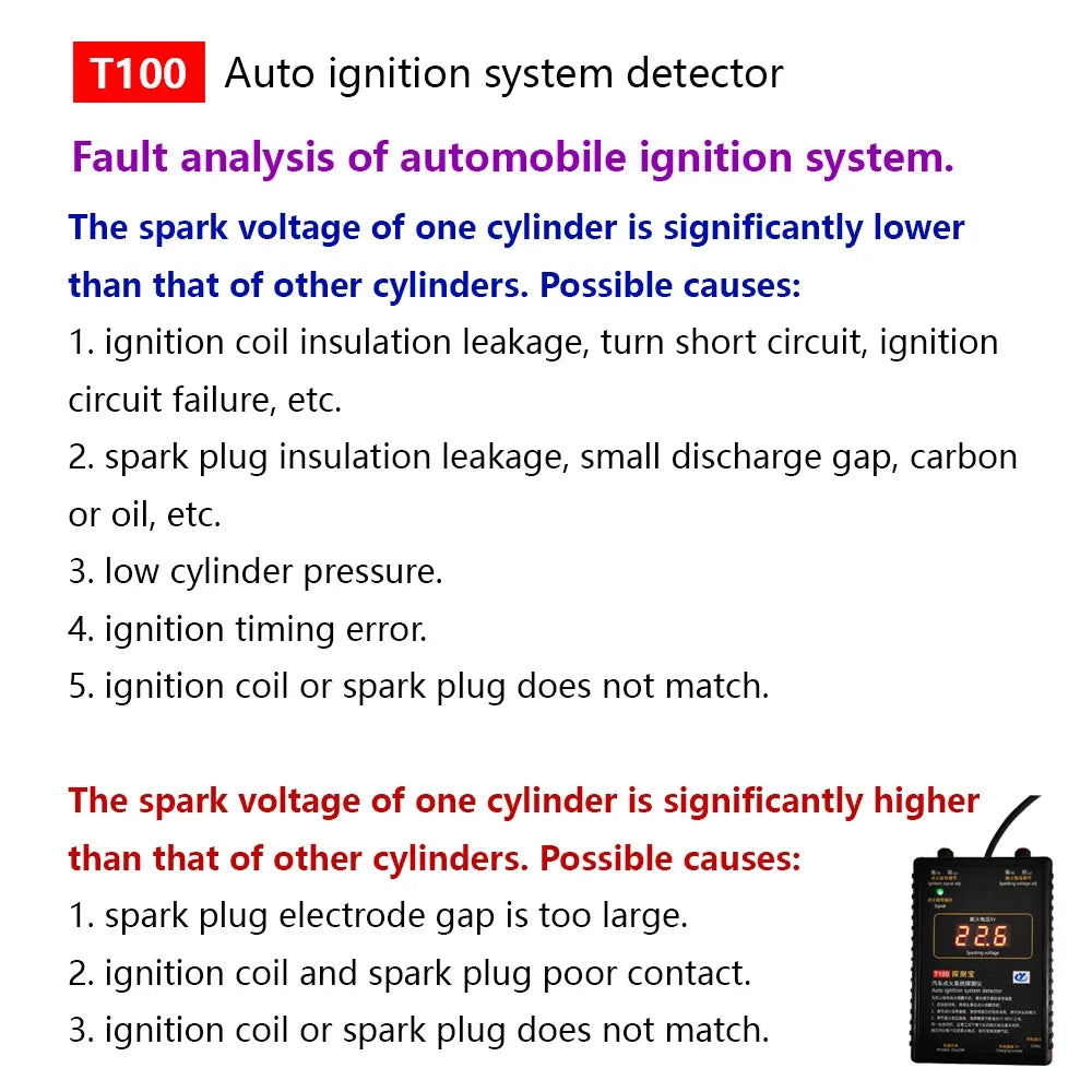 T100 Auto Ignition System Detector for 12V 24V Ignition System to Test Ignition Signal and Spark Voltage