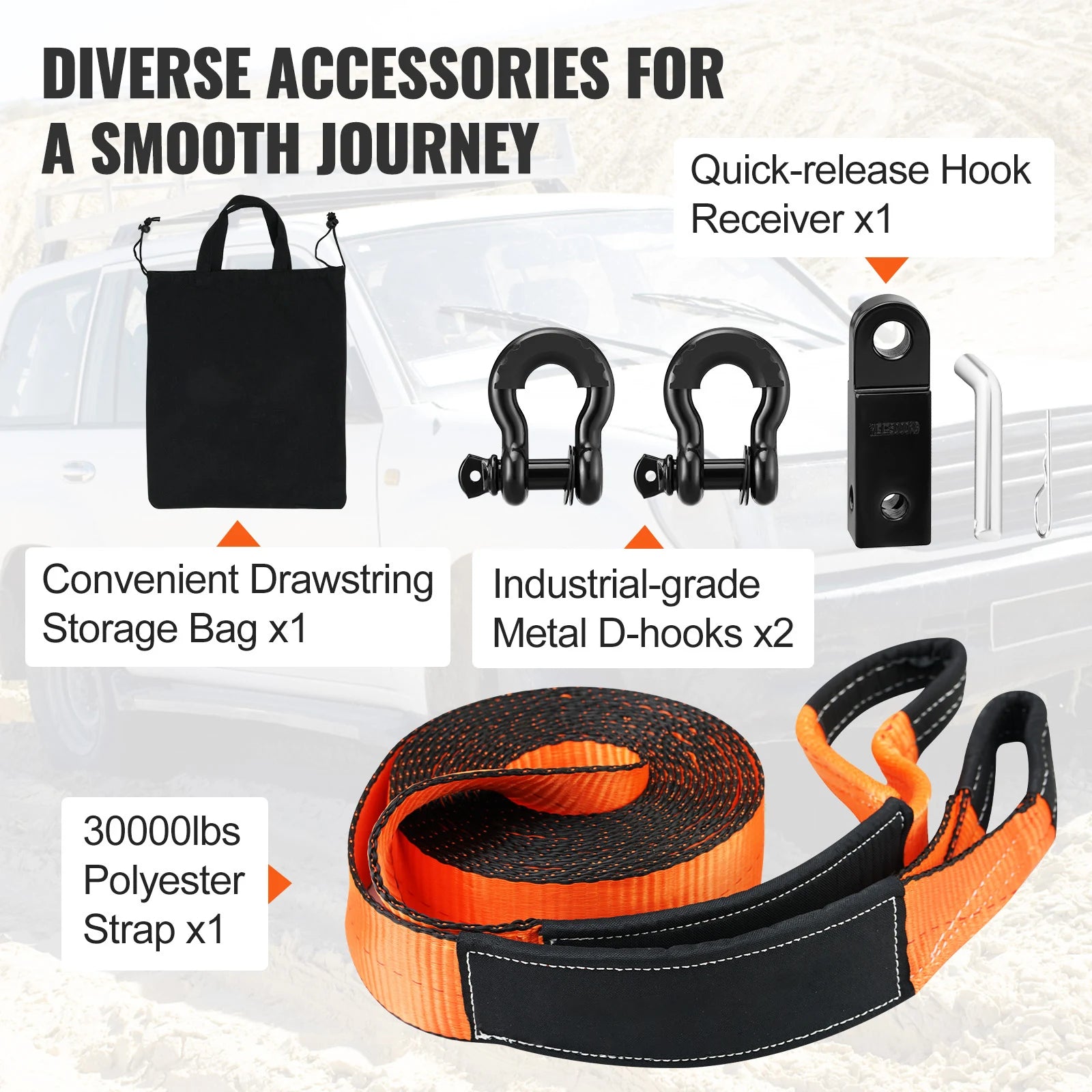 SucceBuy Off-Road Winch Recovery Kit with 3" x 30' Tow Strap & 2 D-Ring Shackles for ATVs Jeeps Off-Road Vehicles Trucks