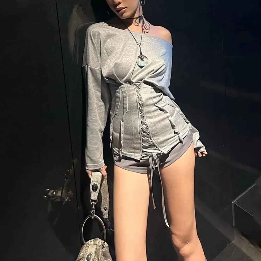 Dame Off-Shoulder Top med Snøre og Lange Ærmer, Casual Pasform