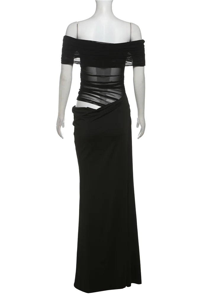 Weird Puss Ruched Irregular Dress Women Mesh Patchwork Slash Neck Short Sleeve Skinny Stretch Trend Elegant Long Bodycon Outfits