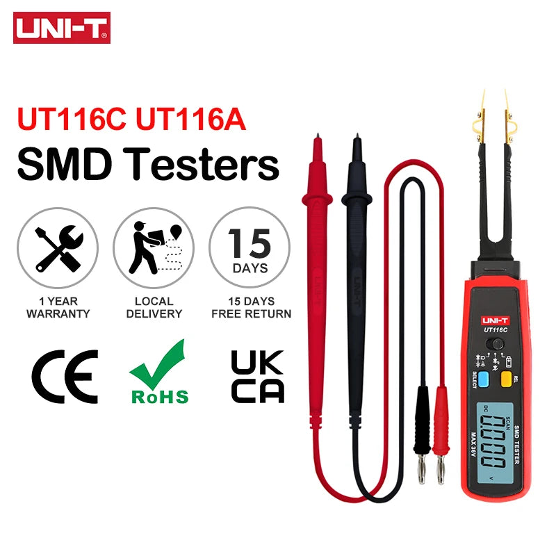 UNI-T UT116C UT116A SMD Tester Meter Rotable Tweezer Resistance Capacitance LED Diode Continuity Battery Tester