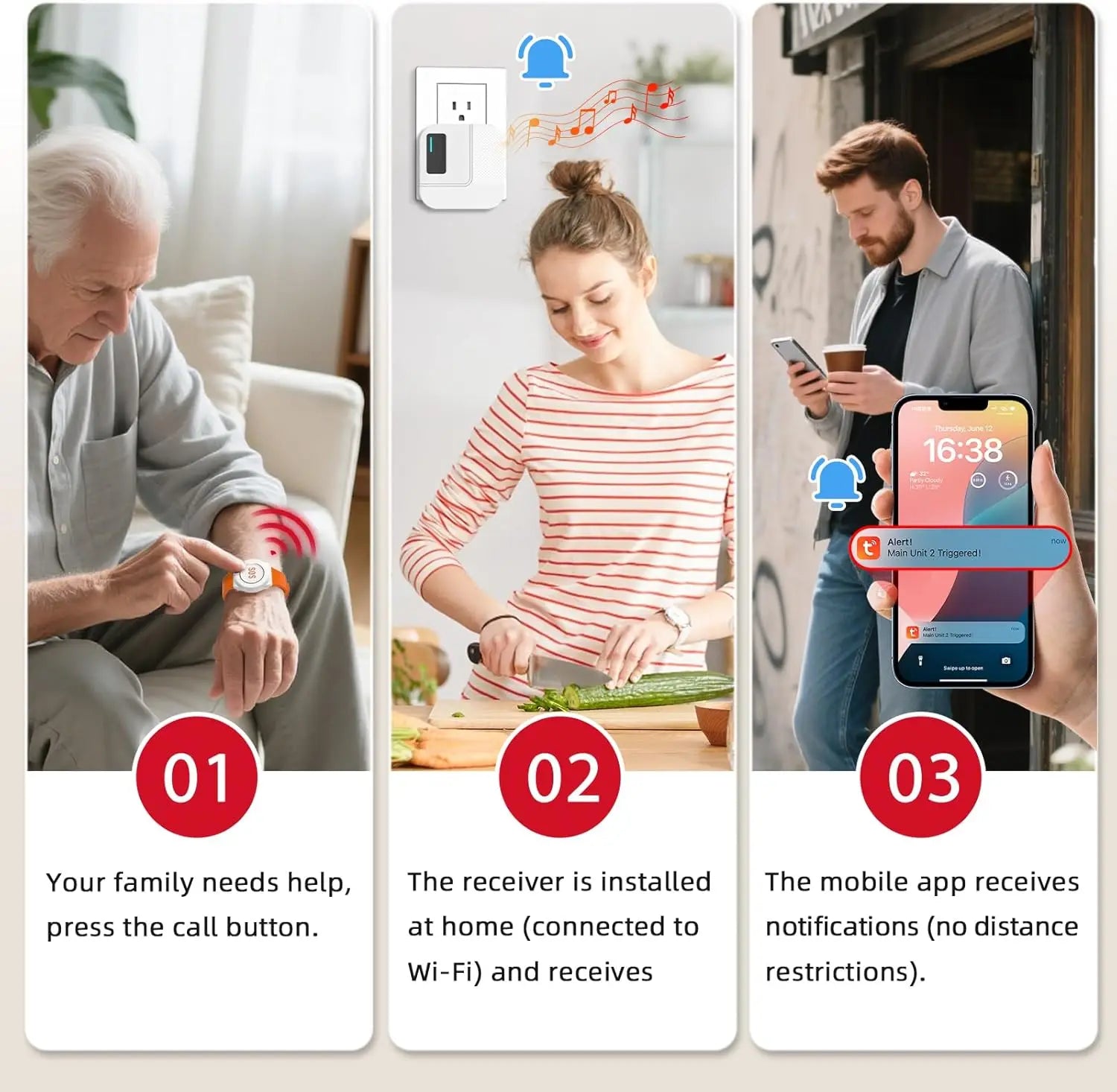 Buscapersonas WiFi para cuidadores con botón de alerta de emergencia y notificaciones en la app