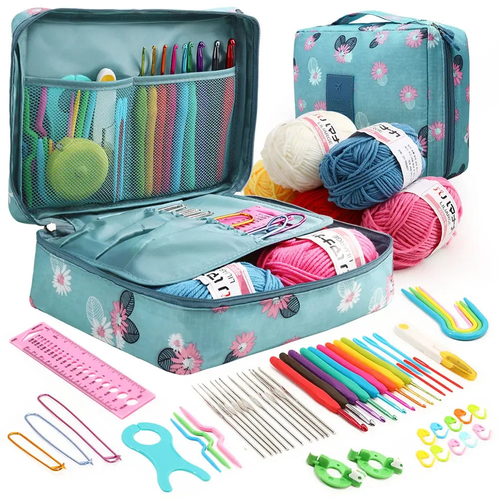 KOVEEN 59Pcs/Set Portable Crochet Knitting Set DIY Beginner Crochet Hook Kit With Storage Bag Material Pack and Storage Tools