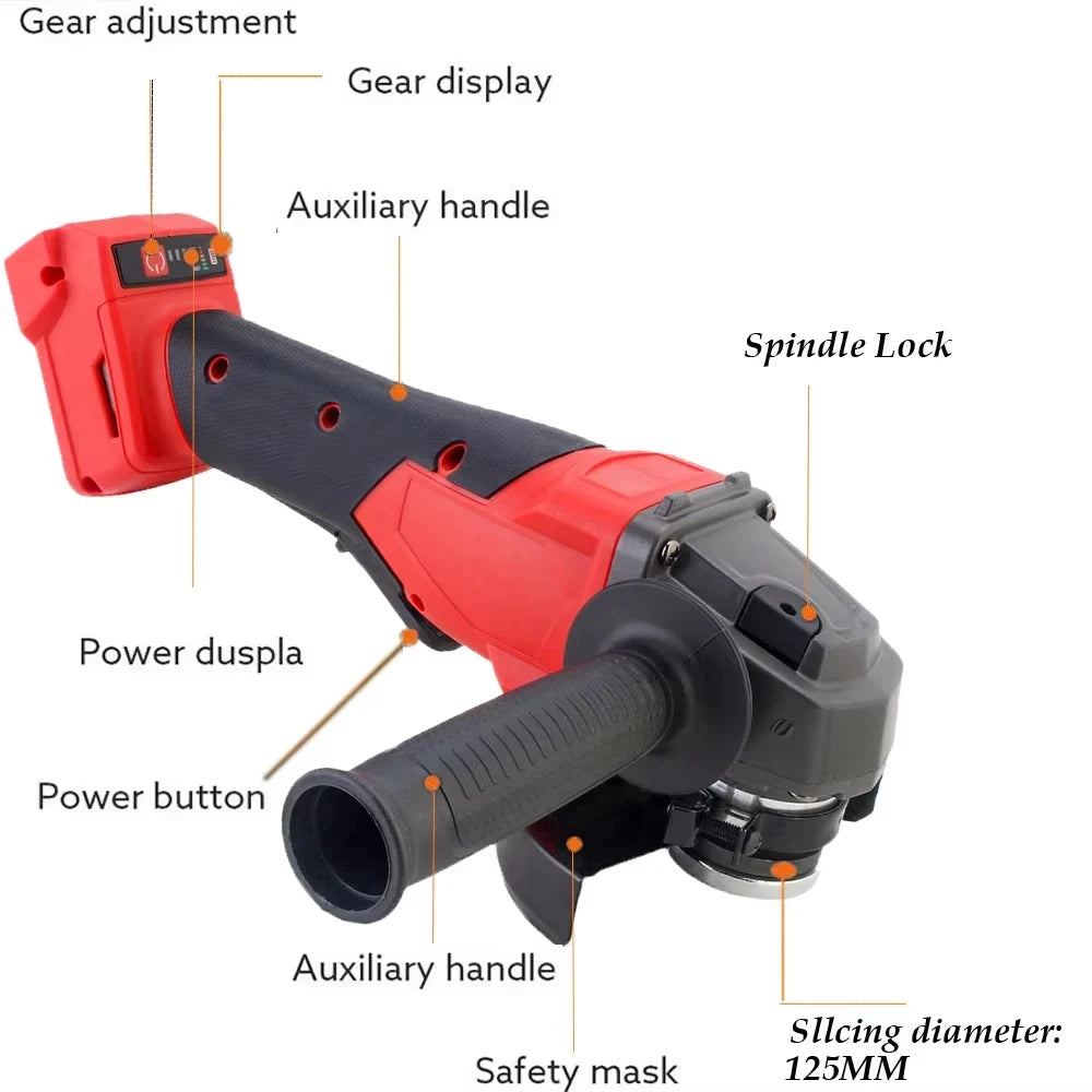 125mm Electric Angle Grinder 3 Gear Brushless Cordless Cutting Polishing Grinding Power Tool For Milwaukee 18V Battery Pin