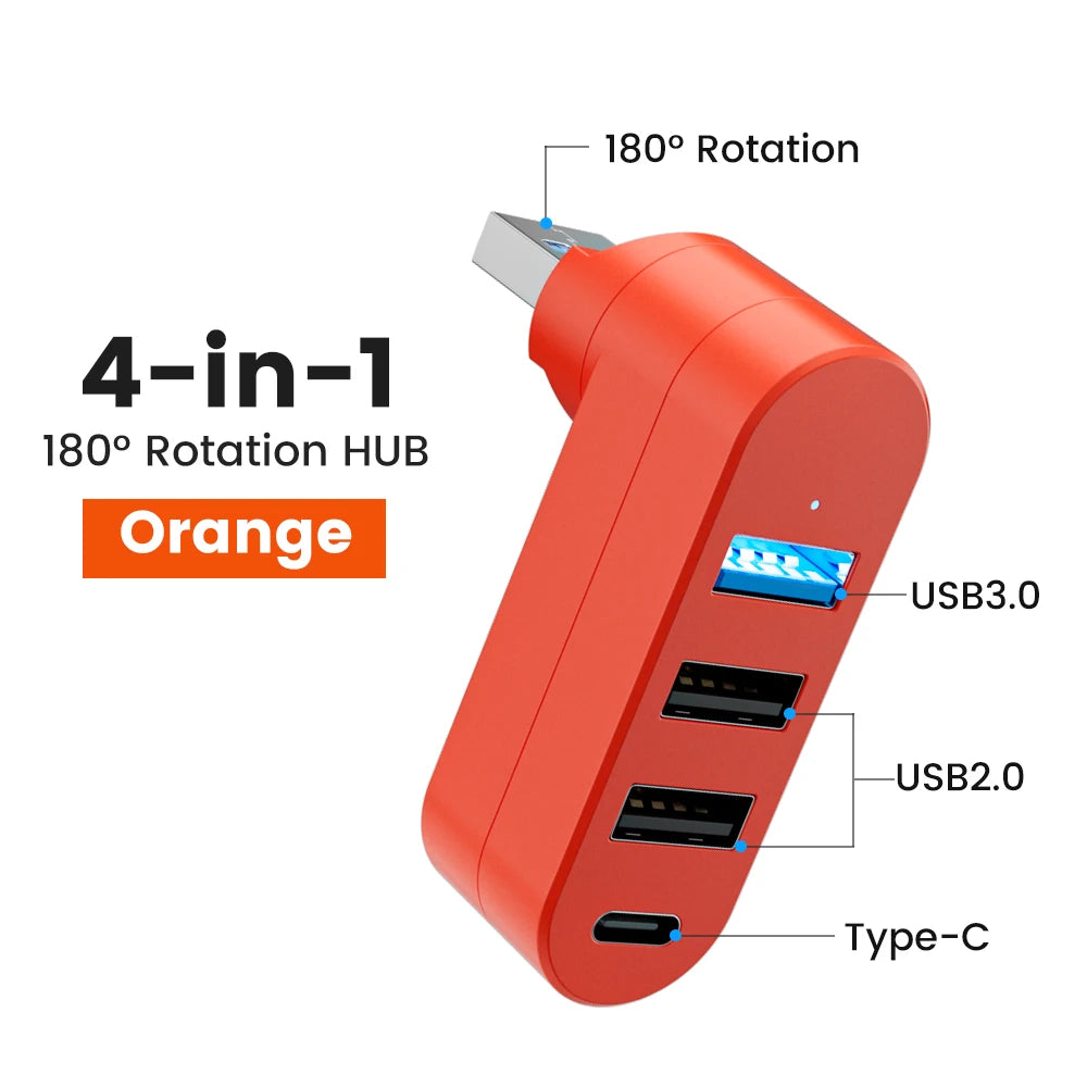 Hub USB rotativo com três portas USB-A e uma porta USB-C