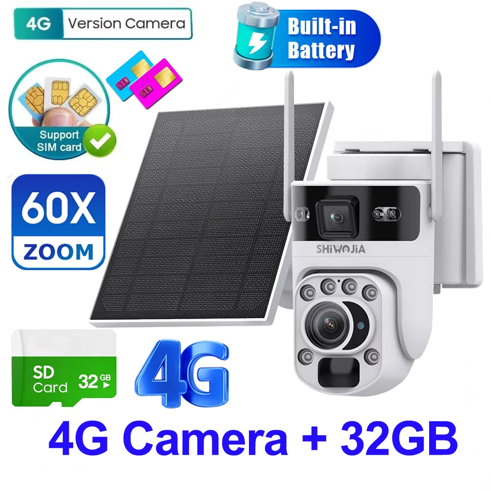 6K 12MP 4G/WiFi Solar Battery Security Camera 60X Zoom PTZ Outdoor
