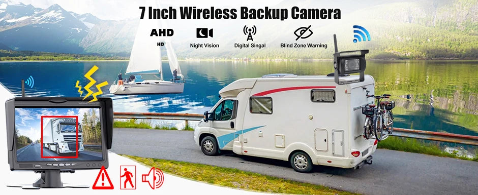 Câmara de Retaguarda Sem Fios com Monitor de 7 Polegadas BSD AHD1080P para Camioneta, Autocarro, RV, Caravana, Reboque, Escavadora e Pick-up