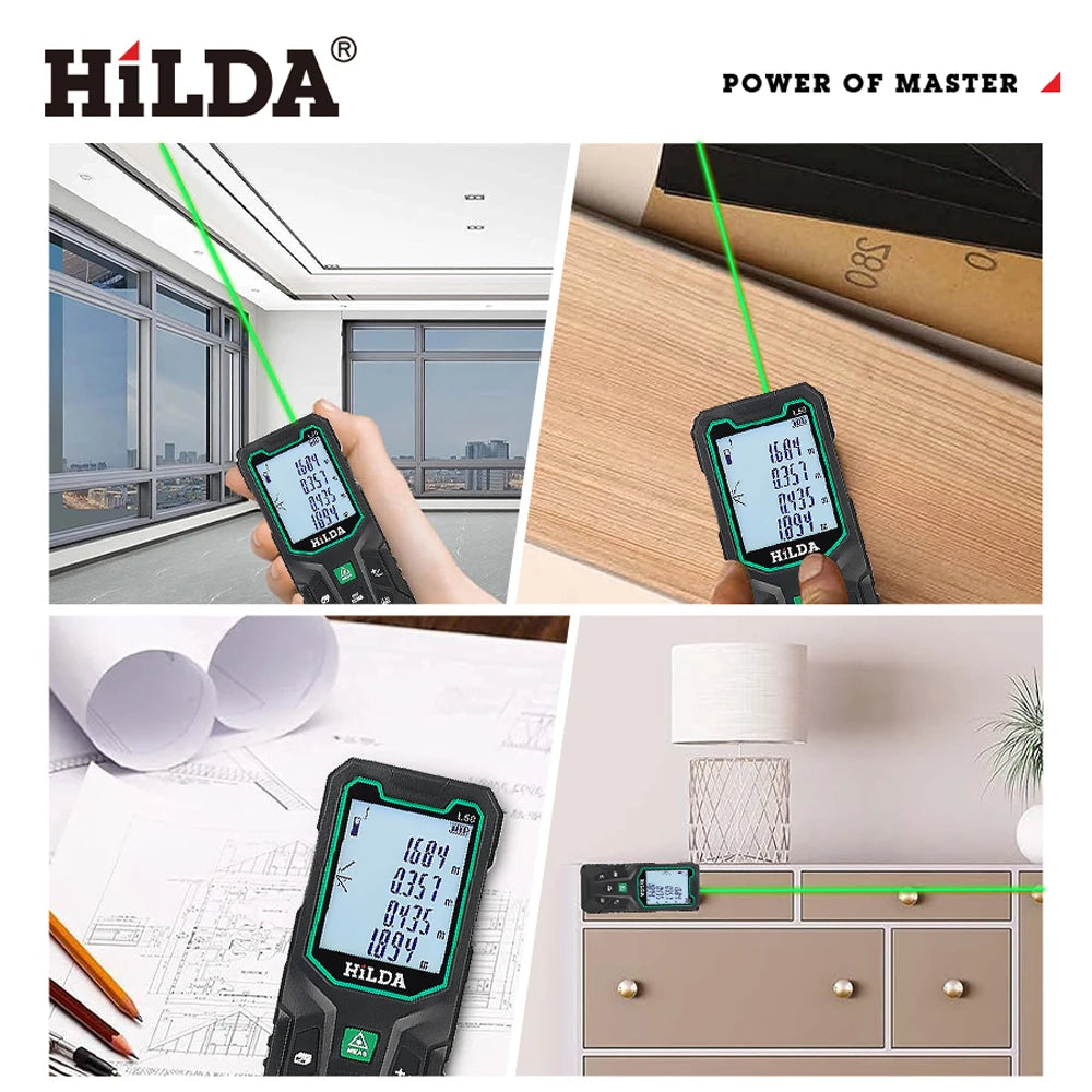 HILDA 50/100/120M Laser Rangefinder Red/Green Light Laser Distance Digital Tape Rechargeable and Measurable Angle Laser Measure
