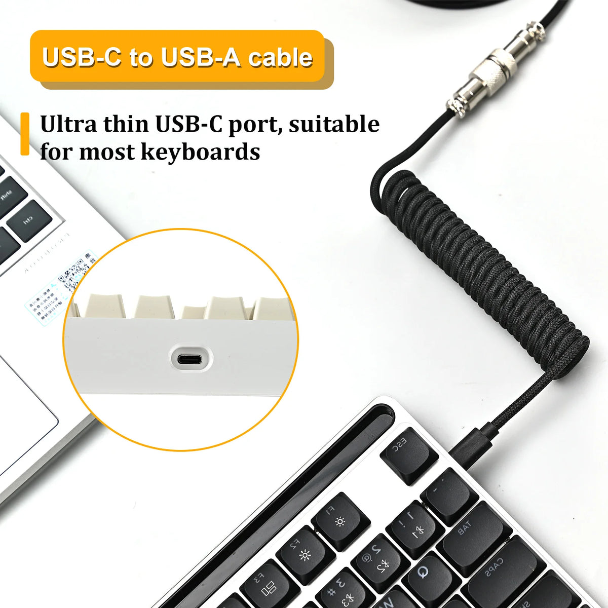 Kierukkamallinen USB-C-näppäimistökaapeli Aviator-liittimellä