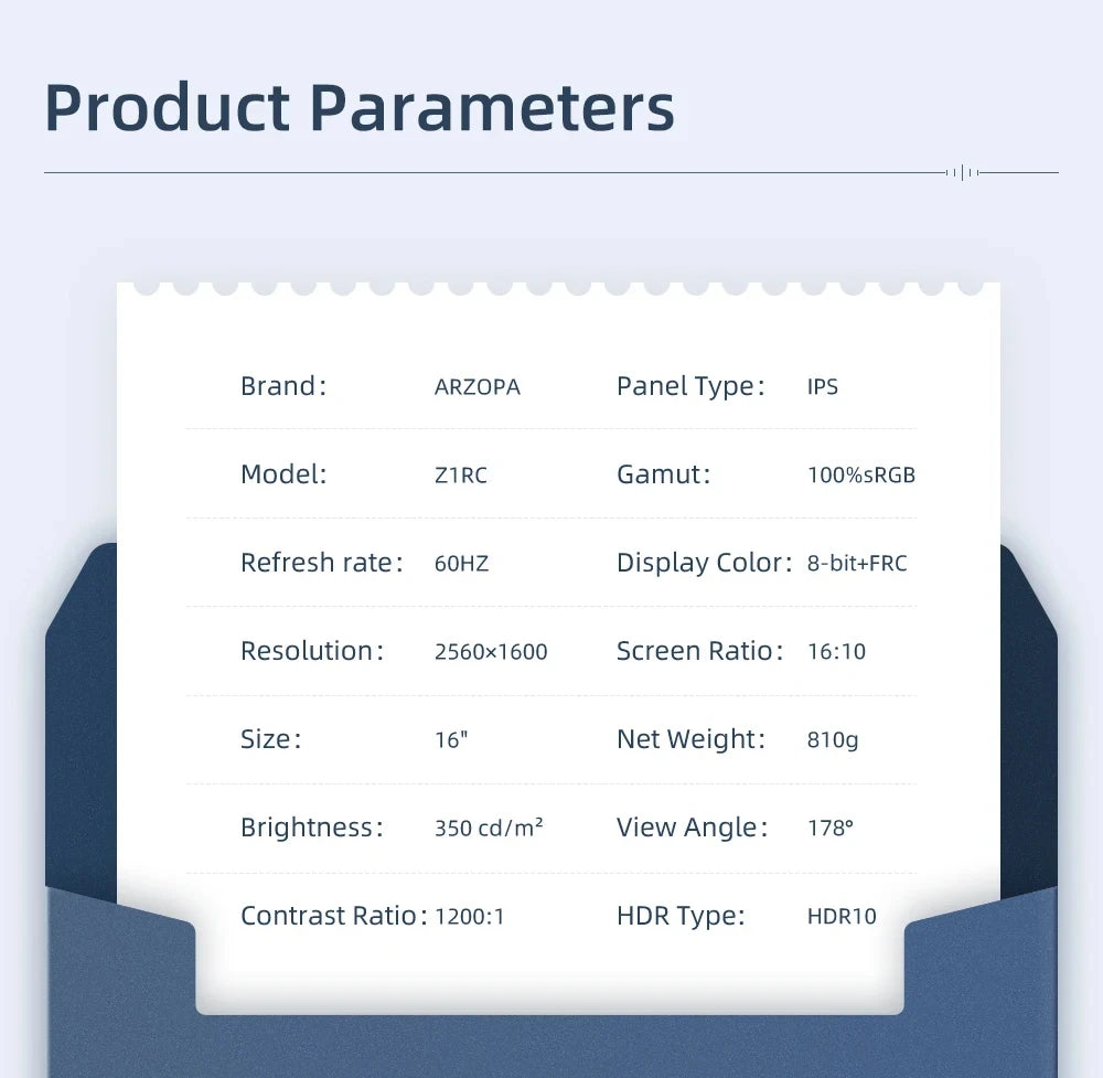 ARZOPA 16calowy 2K przenośny monitor 16:10 ekran IPS z mini HDMI typu C drugi wyświetlacz do MAC/laptopa/PC/Xbox/PS4/5/Switch,Z1RC