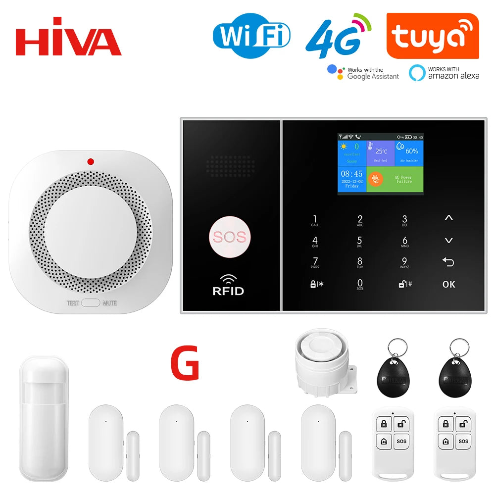 HIVA 4G Security Alarm System For Home WiFi Tuya Smart Life App Control Burglar Alarm Kit Work With Alexa With Pir Door Sensor