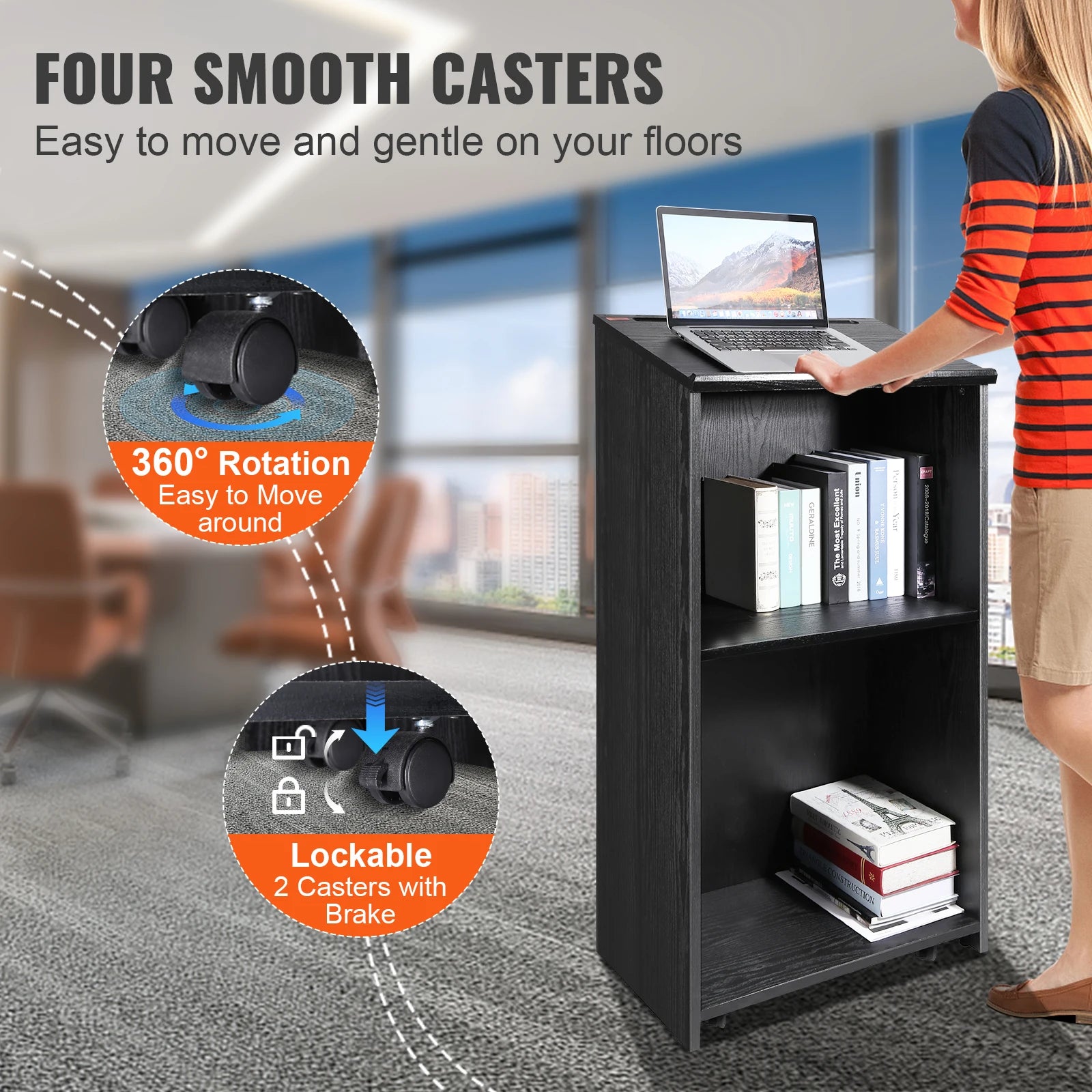 47" Rolling Podium Stand with Shelves and Tilted Desktop
