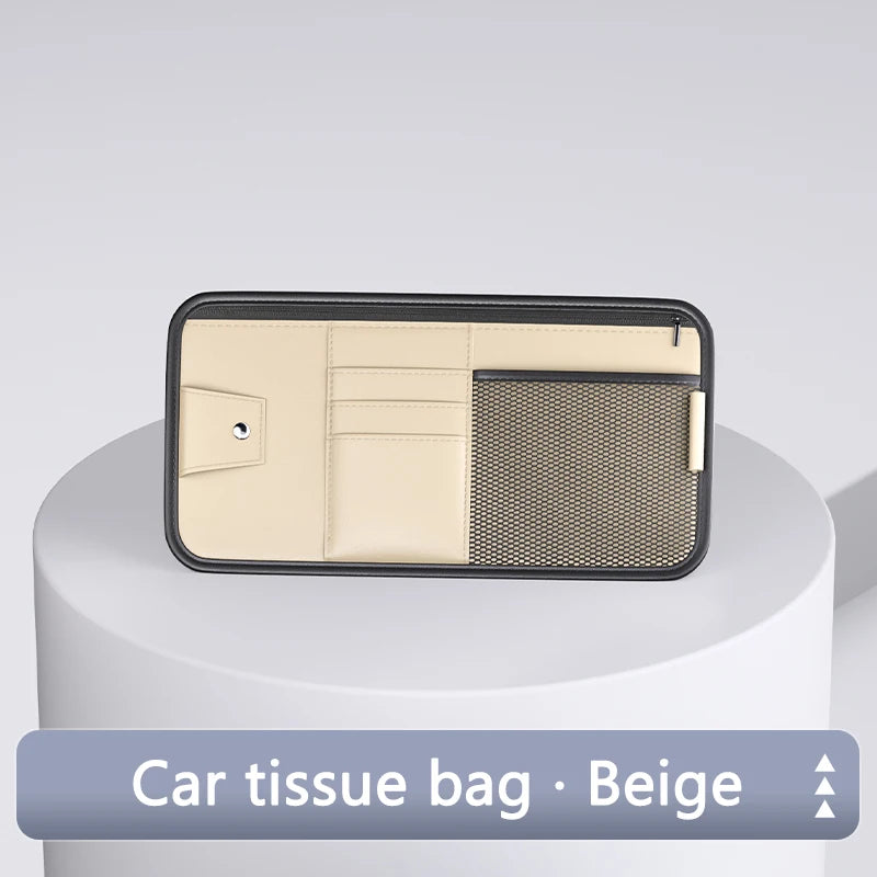 SEAMETAL 9 in 1 Sun Visor Organizer for Car PU Leather Zipper Storage Bag Net Pouch Auto Storage Pocket with Glasses/Card Holder