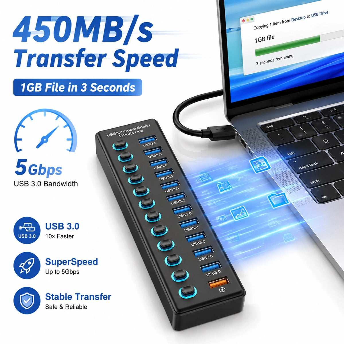 USB Hub with Long-Cable Options - Four to Eleven Ports