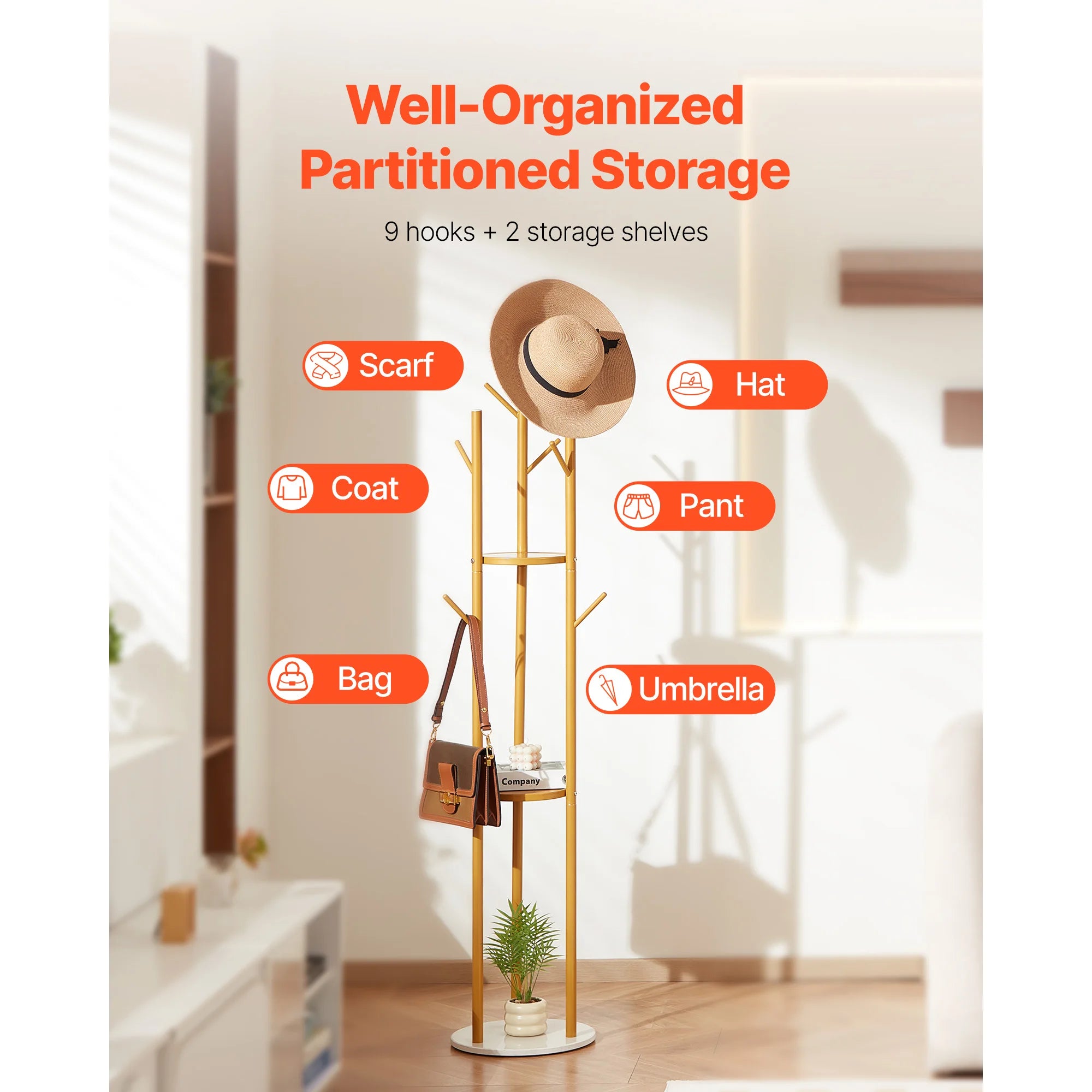 Freestanding Coat Rack with Quartz Base and 9 Hooks Stand