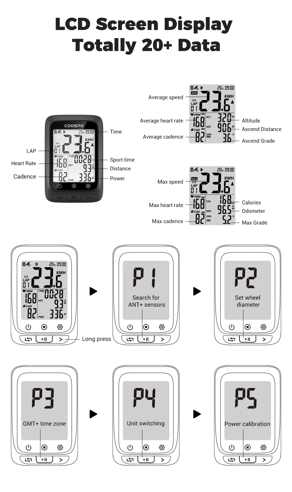 COOSPO BC107/BC26 Bike Computer GPS Wireless Bicycle Cycling Odometer Speedometer 2.4"FSTN Bluetooth5.0 ANT+ Waterproof GPS BDS