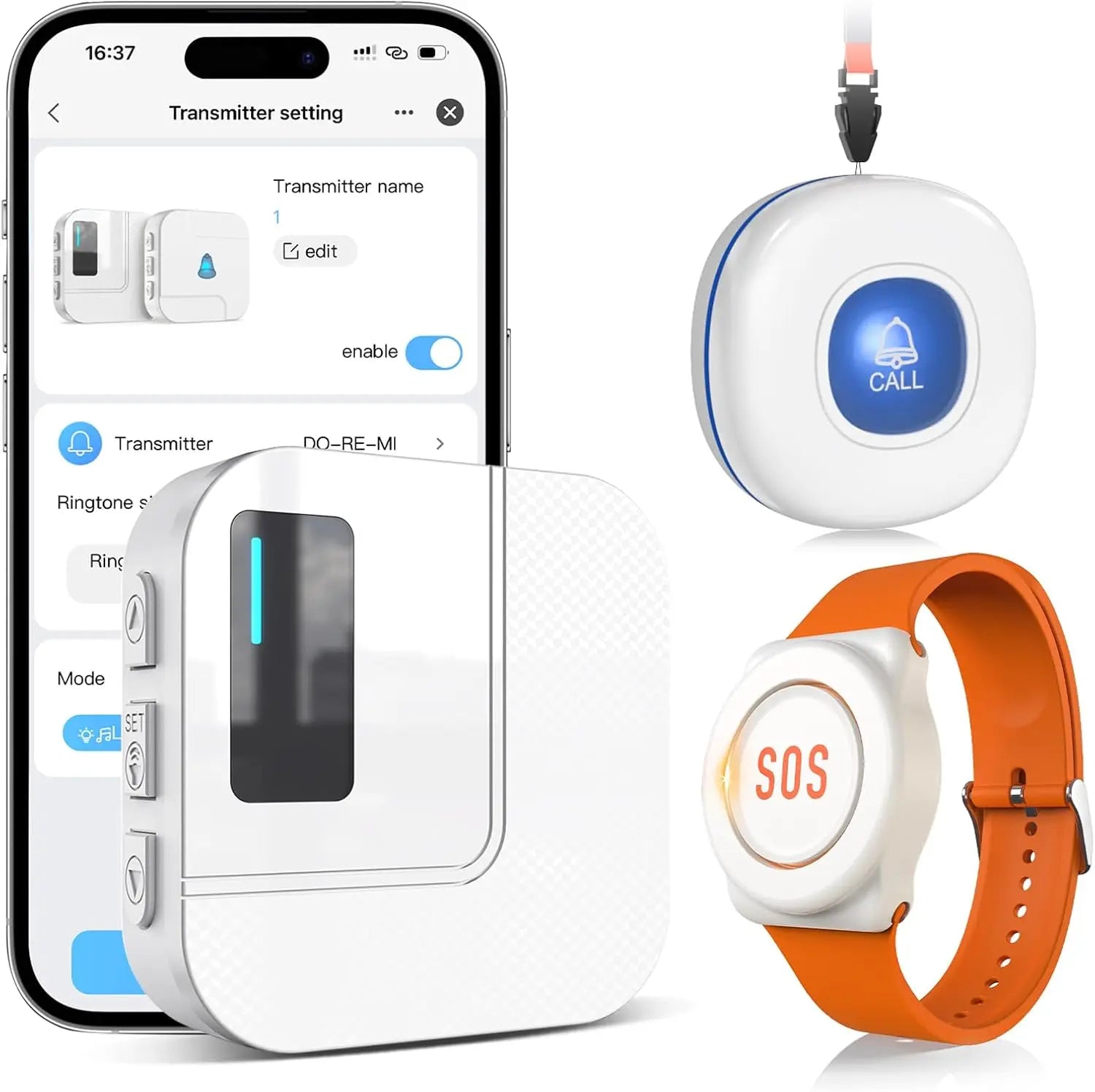 Buscapersonas WiFi para cuidadores con botón de alerta de emergencia y notificaciones en la app