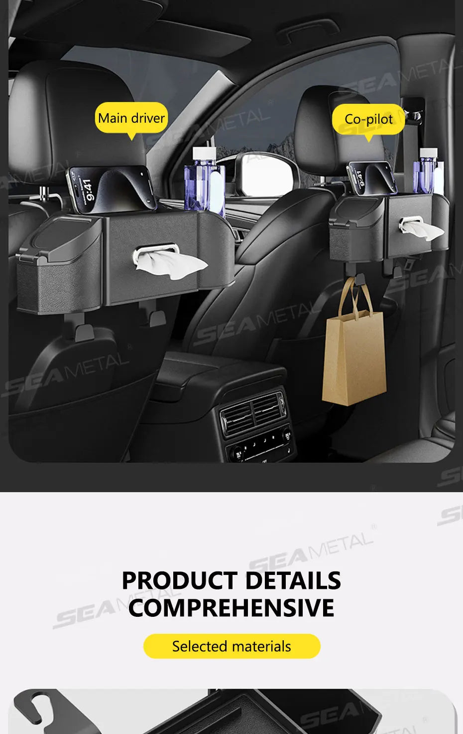 SEAMETAL Car Back Seat Organizer Multifunctional Car Storage Box Universal Cup Holder/Trash Bin/Tissue Holder/Phone Mount/Hooks