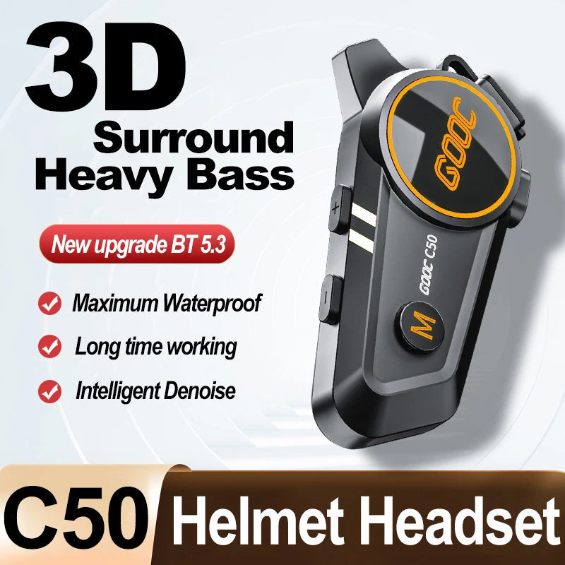 3D Surround Heavy Bass Motorcycle Helmet Headset Stereo Bluetooth Hands Free Call IPX7 Waterproof With Tri-Color Ambient Light