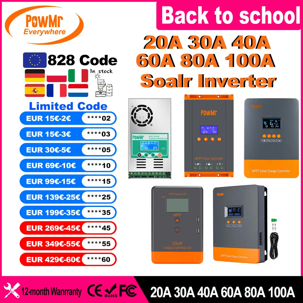 PowMr MPPT 100A 80A 60A 40A 30A 30A 20A Solar Charger Controller LCD Work With 12V 24V 36V 48V Lead-acid Lifepo4 Battery Solar Panel