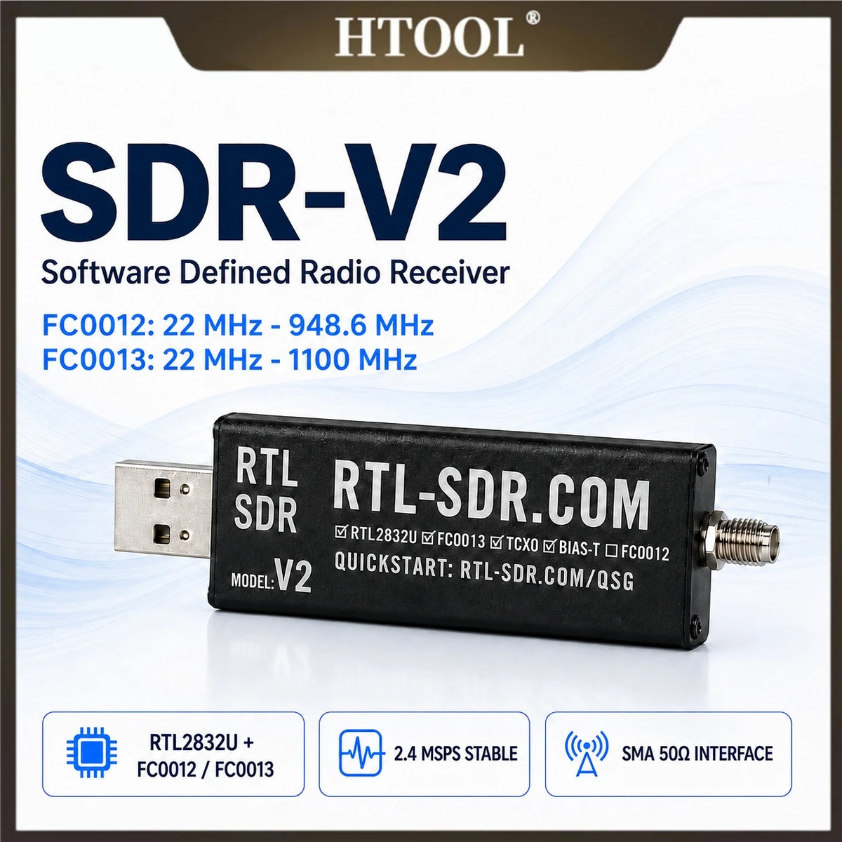 RTL-SDR V2 USB Radio Receiver, 22-1100 MHz, with Antenna