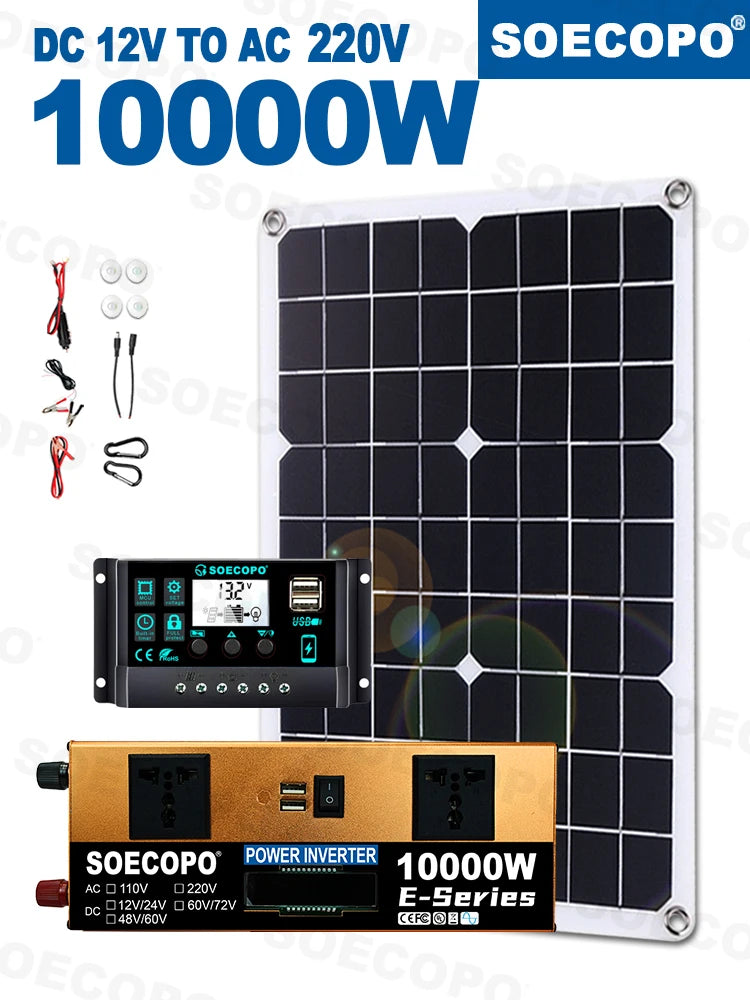 Off-Grid Solcellspaket 10000W Kraftfull Inverter + 500W Solpaneler + 100A Regulator DC 12V24V - AC 110V/220V Inverter