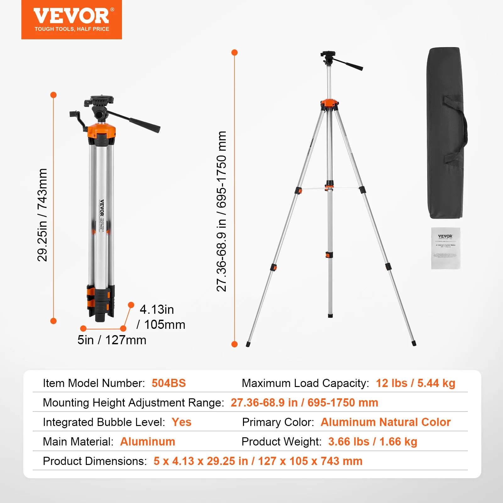 Adjustable Laser Level Tripod 40–133 Inch with Dual Thread Mount