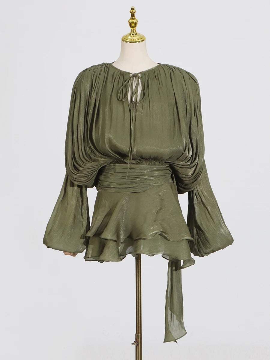 GALCAUR Solid Loose Splicd Lace Up Dresses For Women V Neck Long Sleeves Patchwork Ruffles Tunic Dreses Female Fashio New