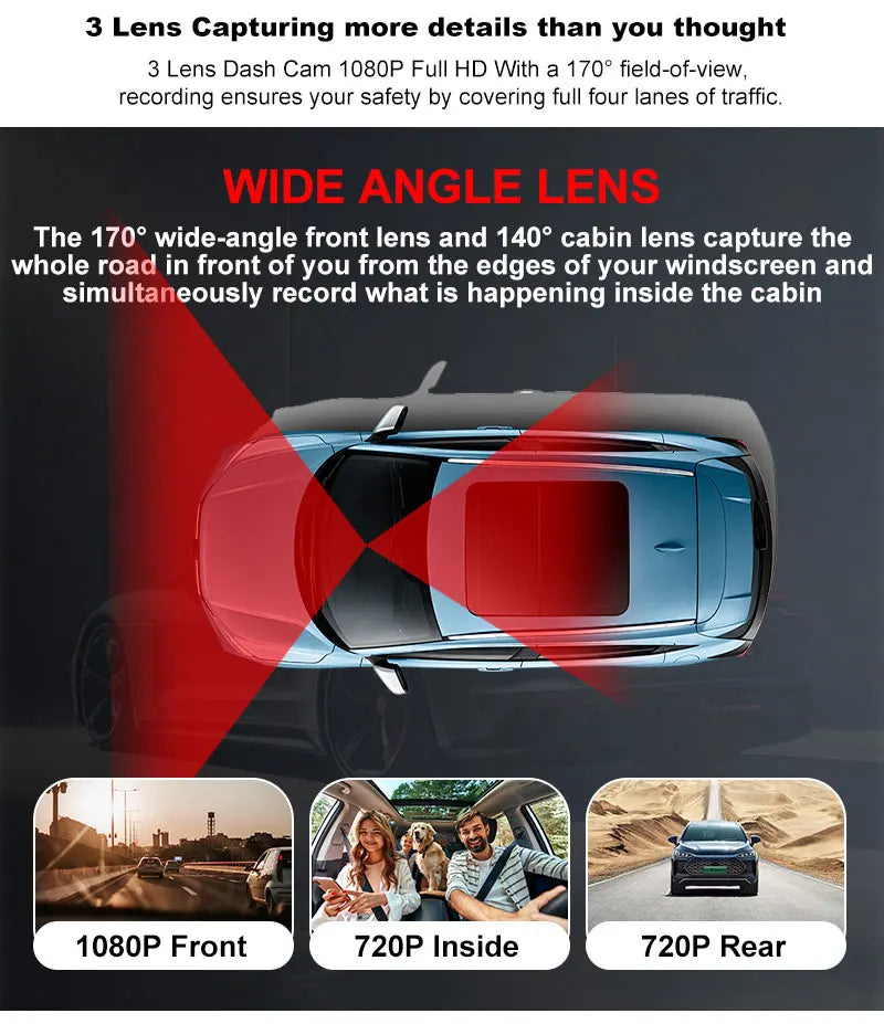 3 Channel WiFi Dash Cam Front Inside Rear 1080P Night Vision DVR