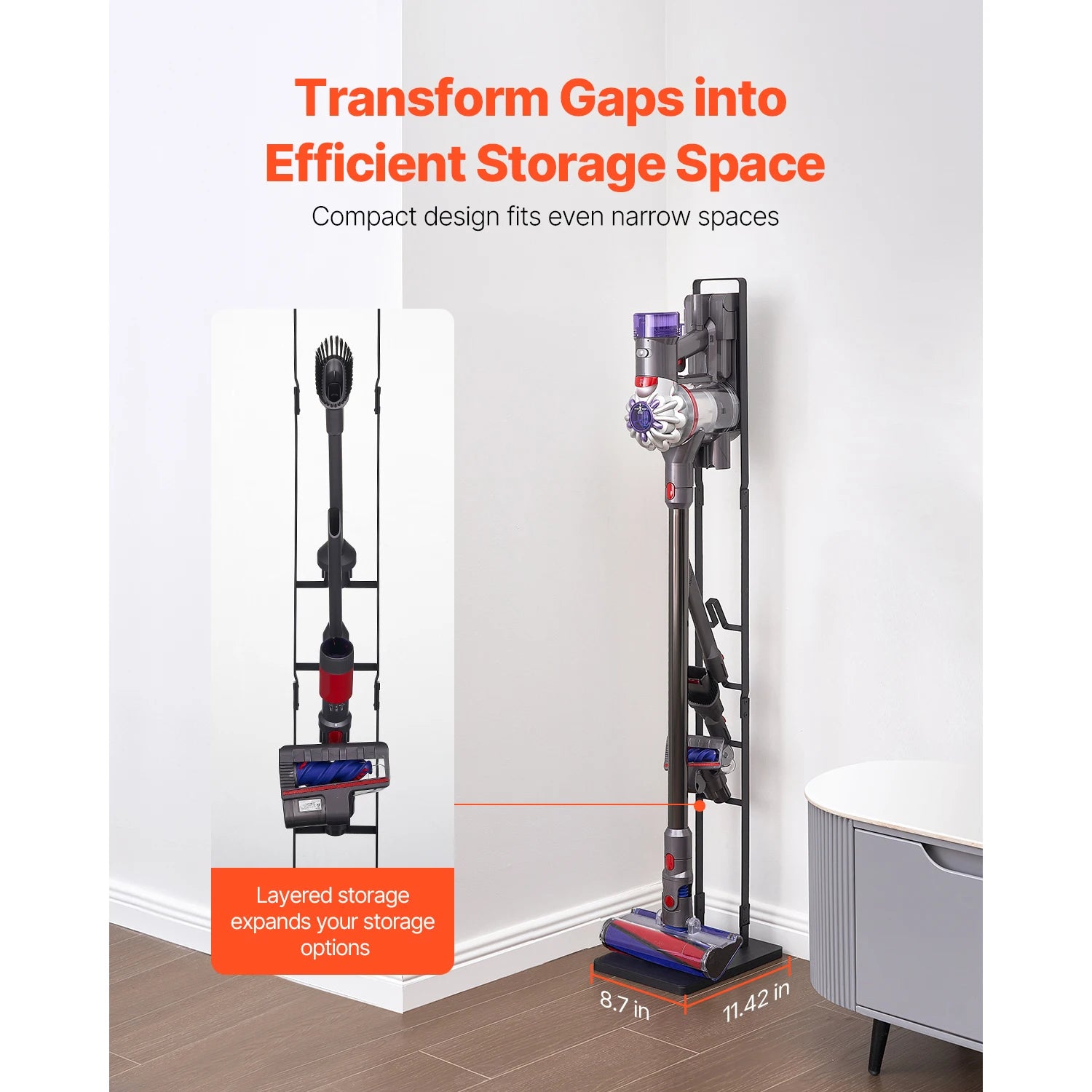 Dyson Vacuum Stand Organizer with 4 Hooks, No-Drill Storage Rack