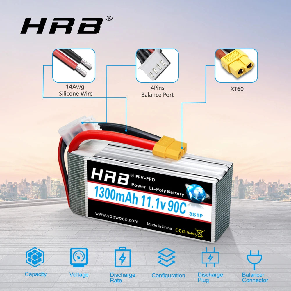 HRB 3S LiPo Battery 11.1V 1300mAh with XT60 Connector