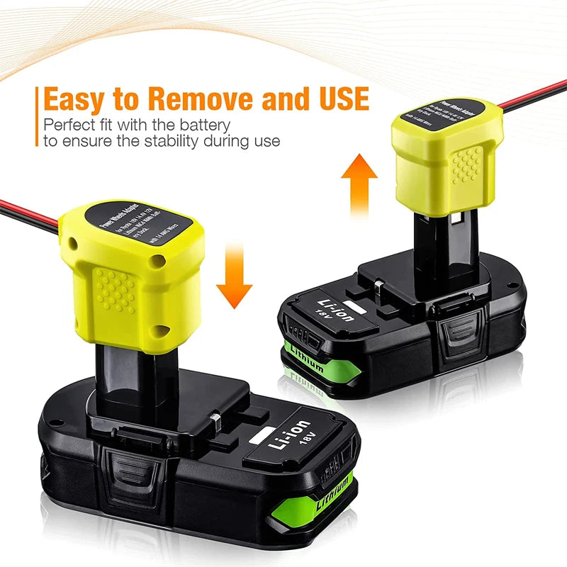 Ryobi 18V batteridrevet hjuladapter med 14 AWG-ledninger