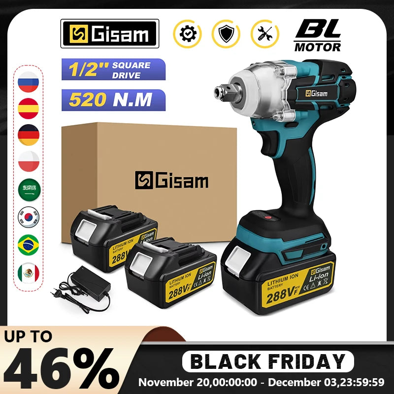 Gisam 520N.M Brushless Electric Impact Wrench for Makita 18V