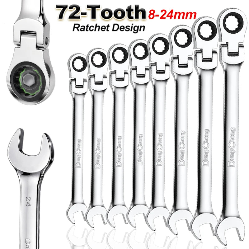 Ratchet Wrench 180 Rotating Open End Combination Wrench 72 Teeth Alloy Steel Mirror Chrome Polished 8-24mm Car Repair Tool