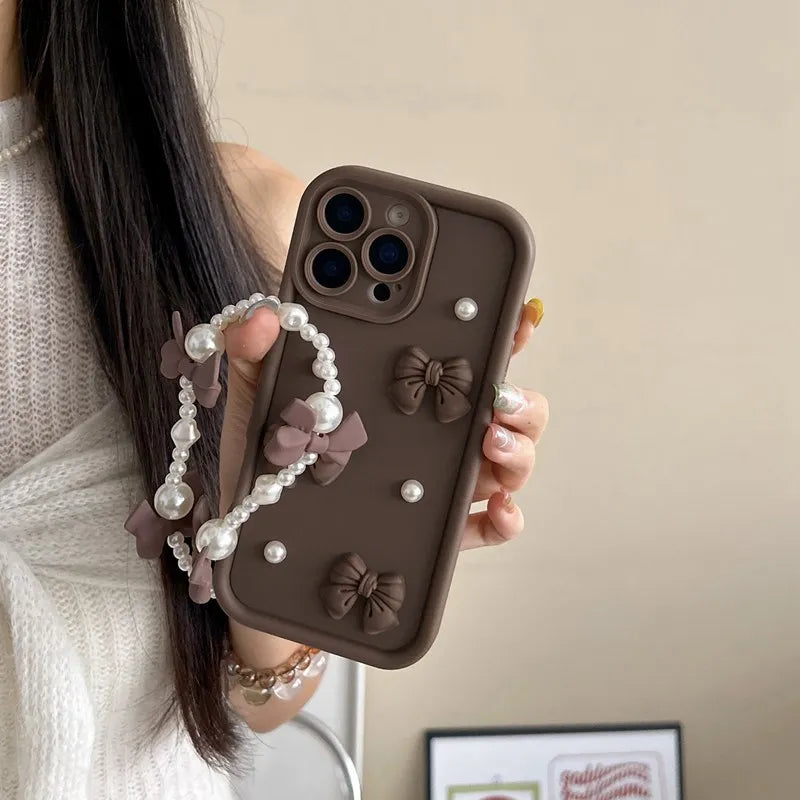 Bow Tie Pearl Chain Phone Case for Xiaomi, Soft Silicone