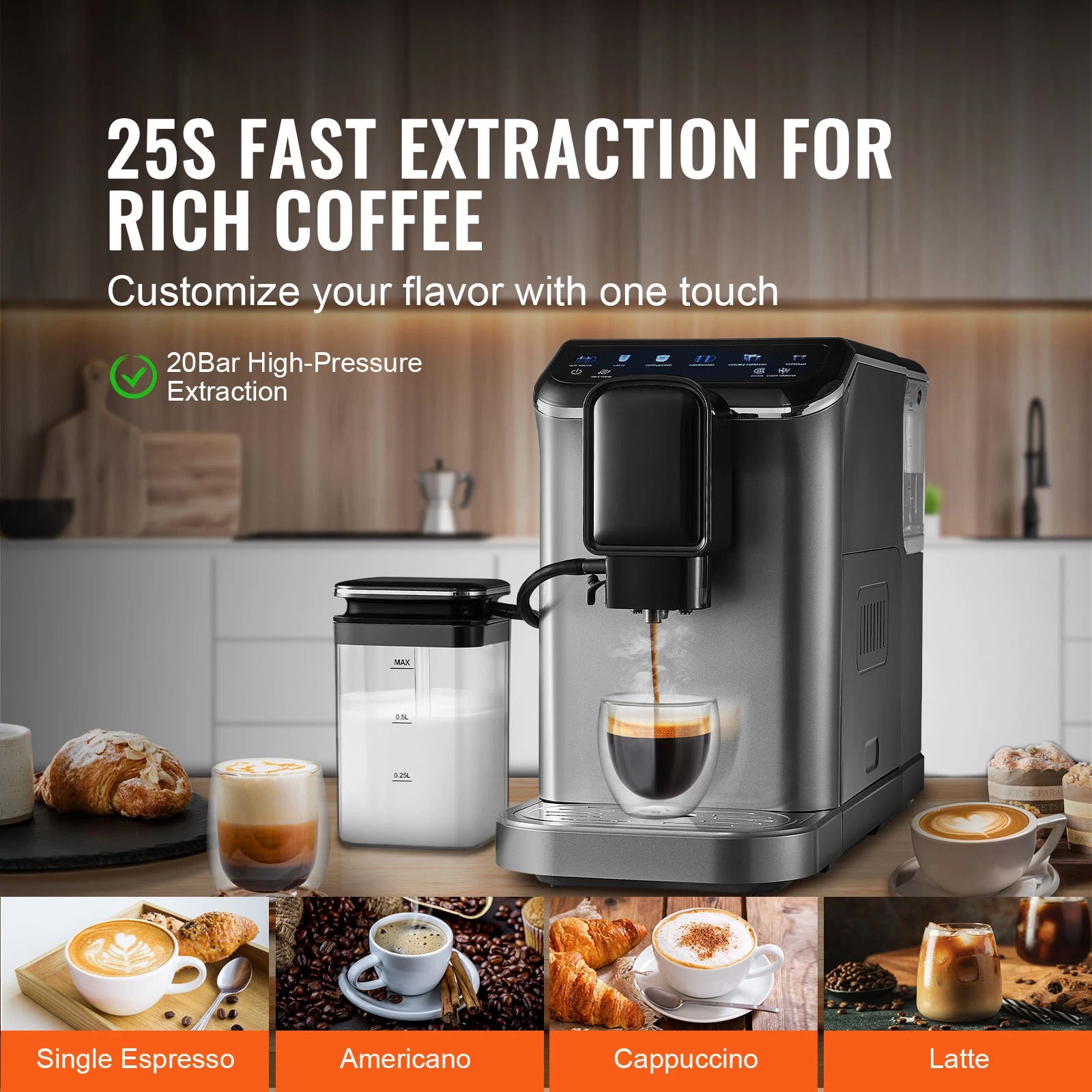 Automatic Espresso Machine with Grinder & Milk Frother Touch Screen