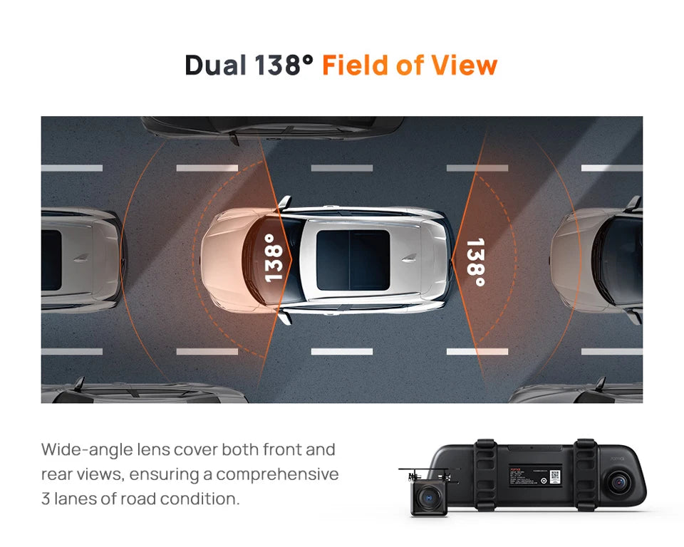 70mai Rearview Dash Cam S500 9.35'' Touch Screen 70mai S500 Car DVR 3K Super Capacitor Dual-Channel HDR Voice Control 24H Park