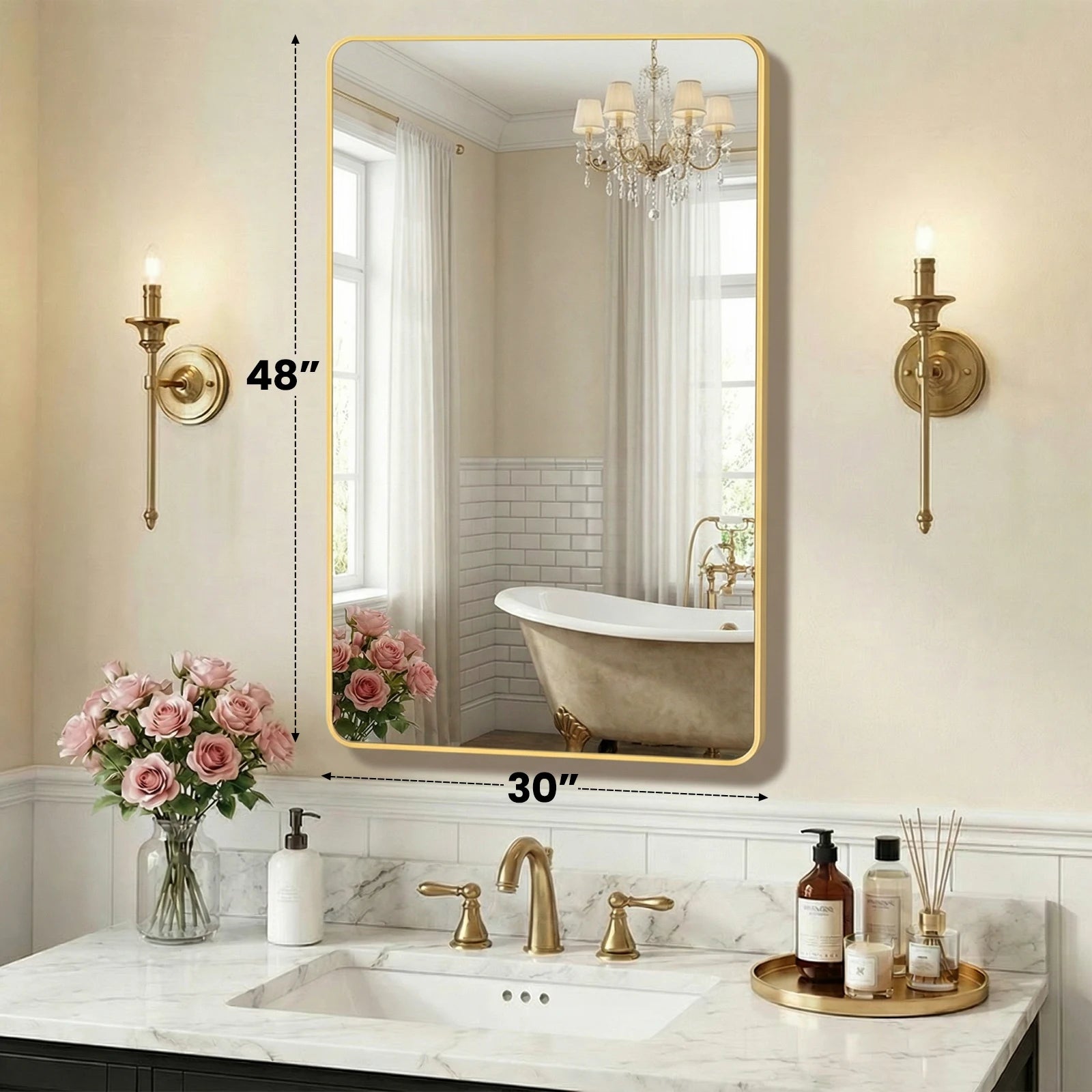 Rounded Rectangle Wall Mirror with Metal Frame, Tempered Glass