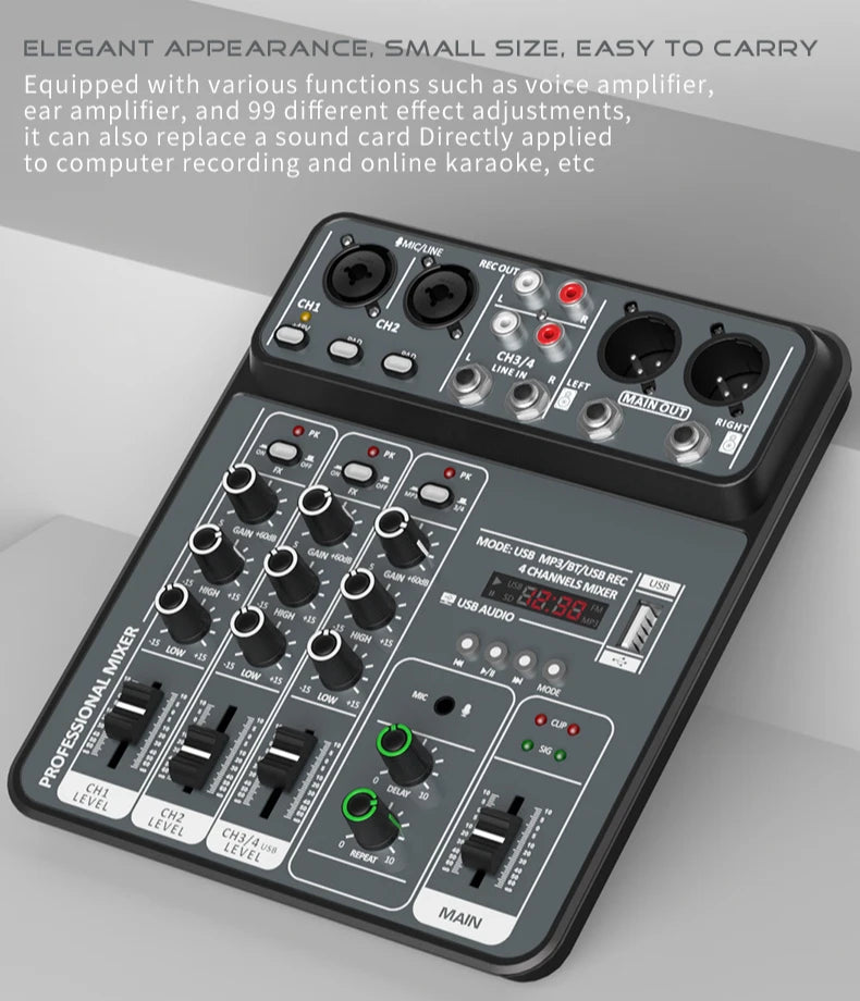 4 Channel Audio Mixer 48V Phantom Power USB Studio Sound Mixers Bluetooth DJ Console Mixing for Karaok