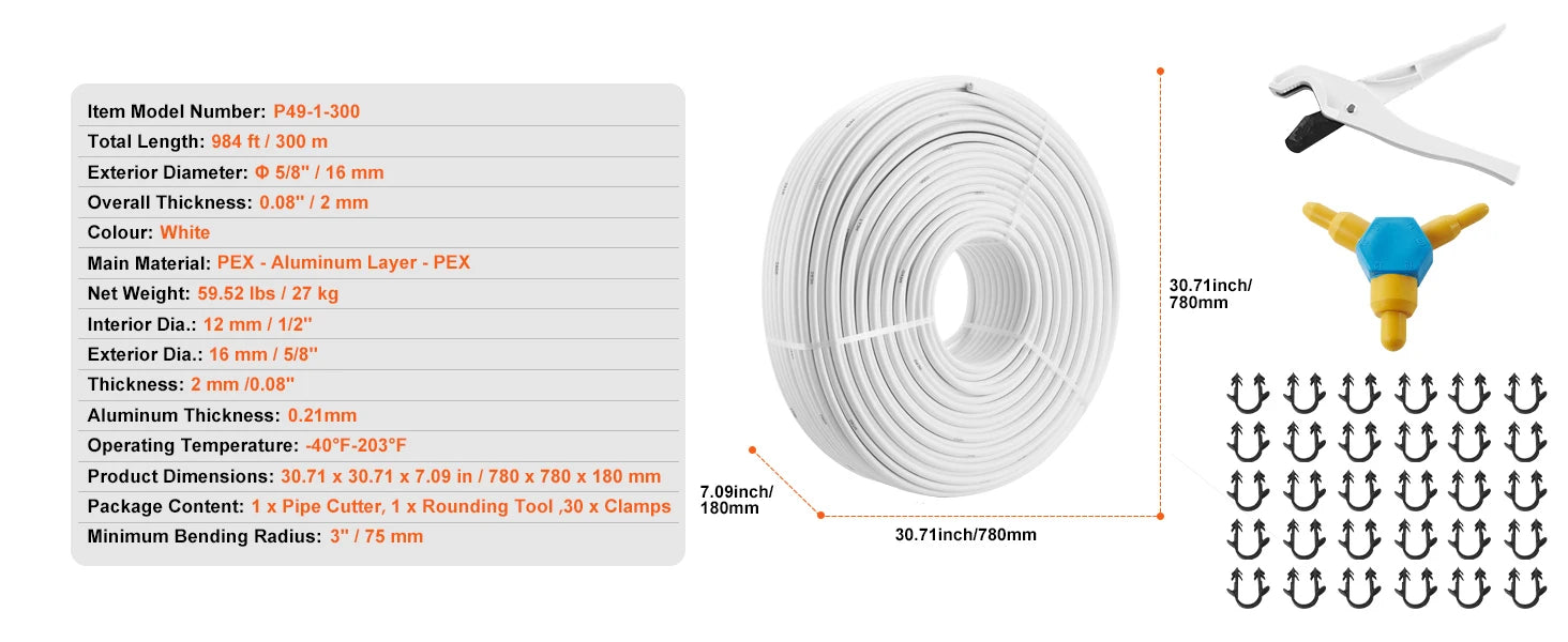 SucceBuy PEX-AL-PEX-rör 984 ft 5/8 tum diameter 0,08 tum tjocklek Strålningsvärme Golv VVS Innre aluminiumskikt PEX-rörledning