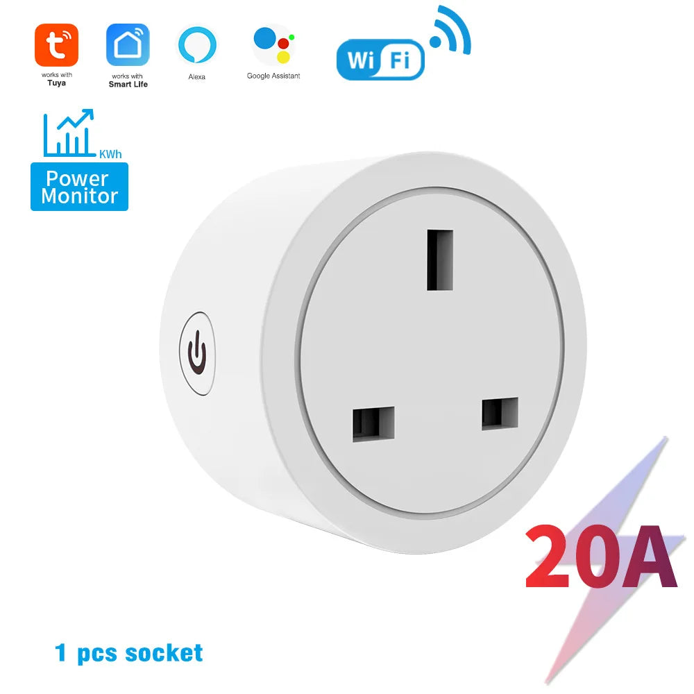TUYA pametna Wi-Fi utičnica 20 A s mjerenjem potrošnje energije, Cozylife Wi-Fi, glasovno upravljanje umjetnom inteligencijom za mobilne uređaje i utikač britanskog standarda