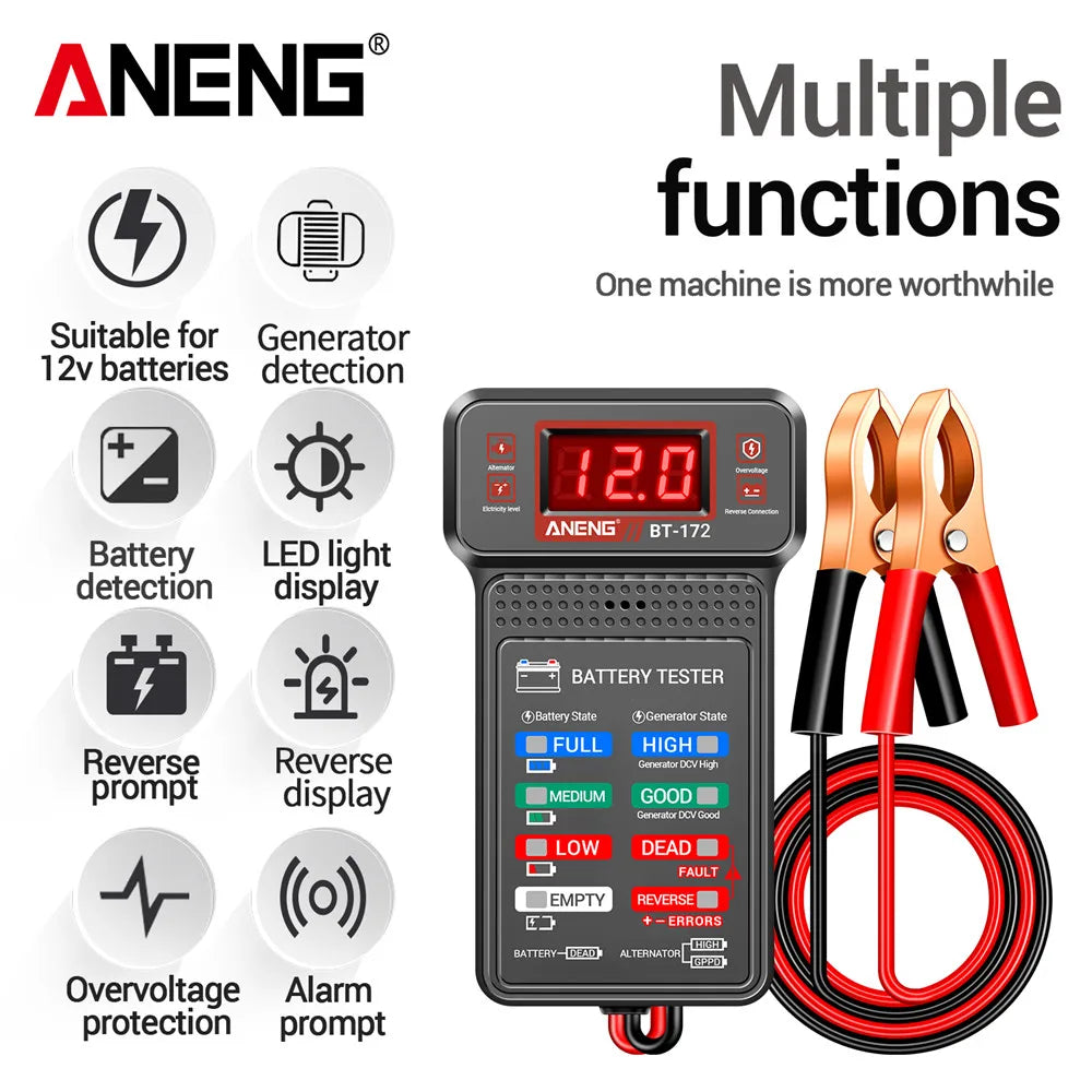 Tester de baterii auto ANENG, detector special pentru baterii de 12V, cu alertă sonoră, detectare a generatorului, BT-172, instrumente multifuncționale