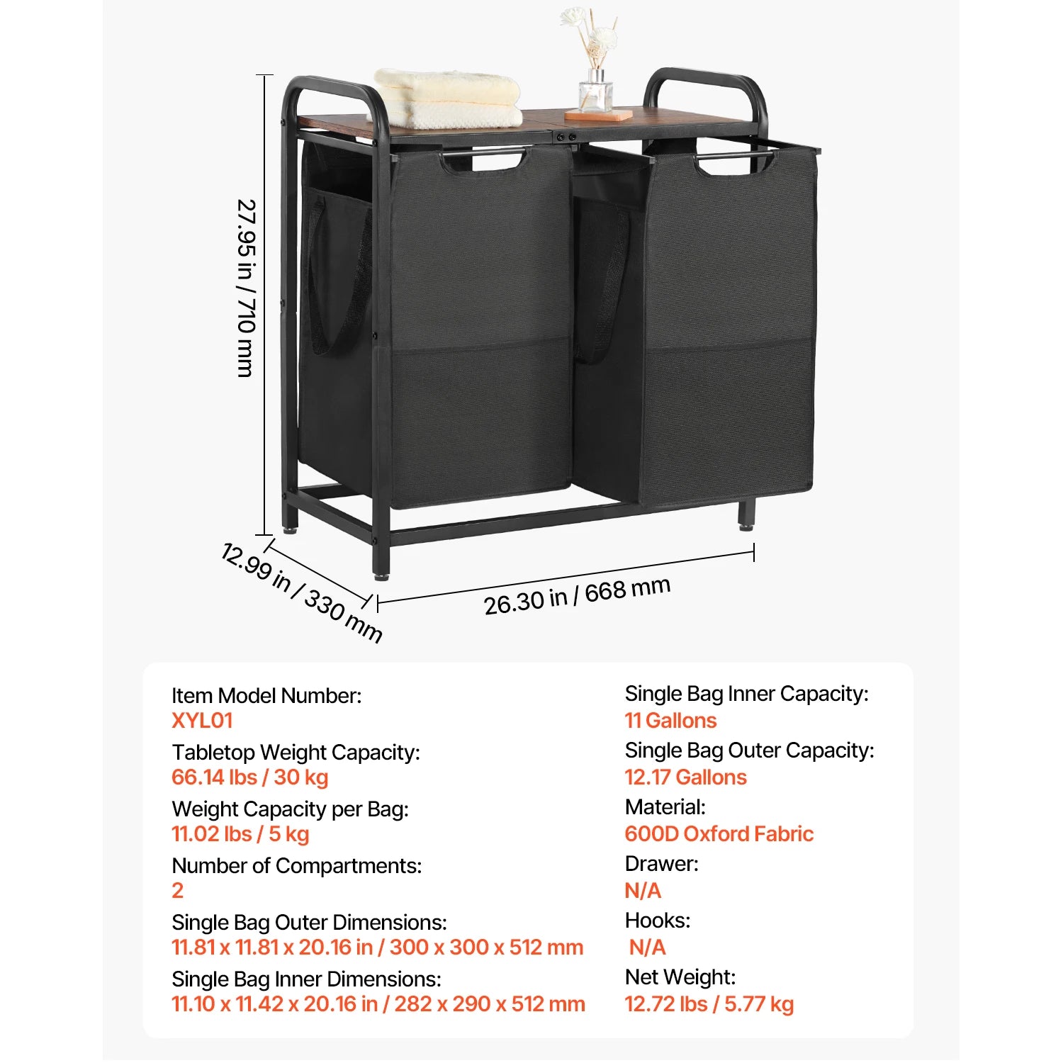 Large Laundry Sorter with Metal Frame & Pull-Out Bags