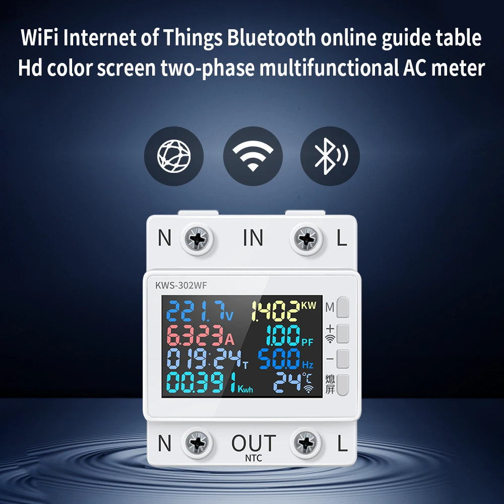 Tuya WiFi 8in1 Power Meter 2P AC Energy Meter APP Control 170-270V/63A Voltage and Current Meter Electricity Meter Smart Life