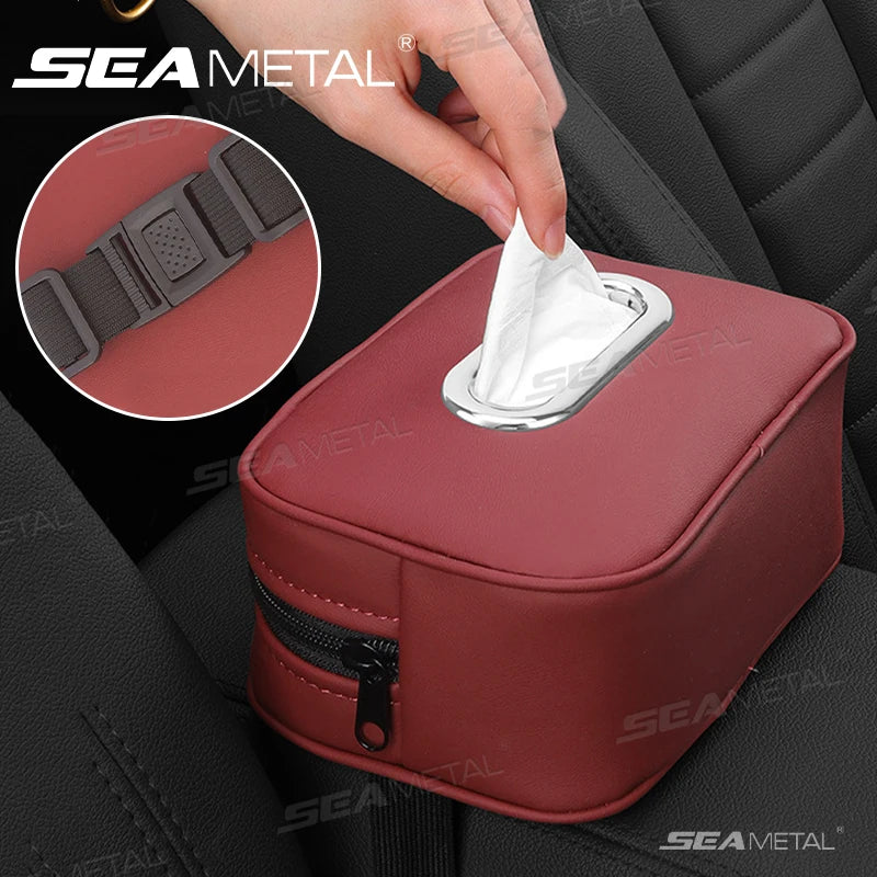 SEAMETAL Car Tissue Holder Back Seat/Arm Rest Zipper Tissue Case Adjutsable Strap Universal Auto Napkin Holder Storage Organizer
