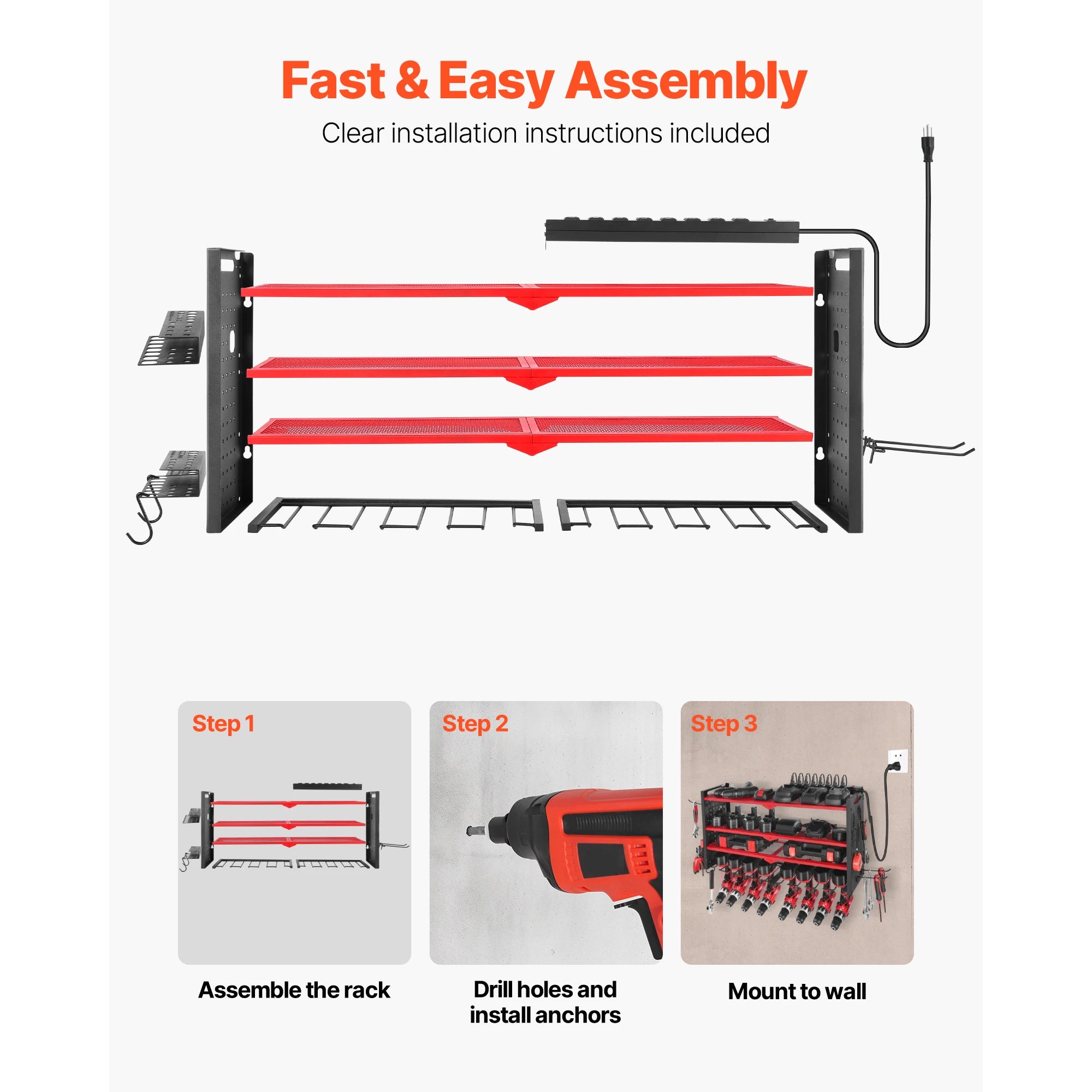 4-Tier Power Tool Organizer with Charging Station & Pegboard