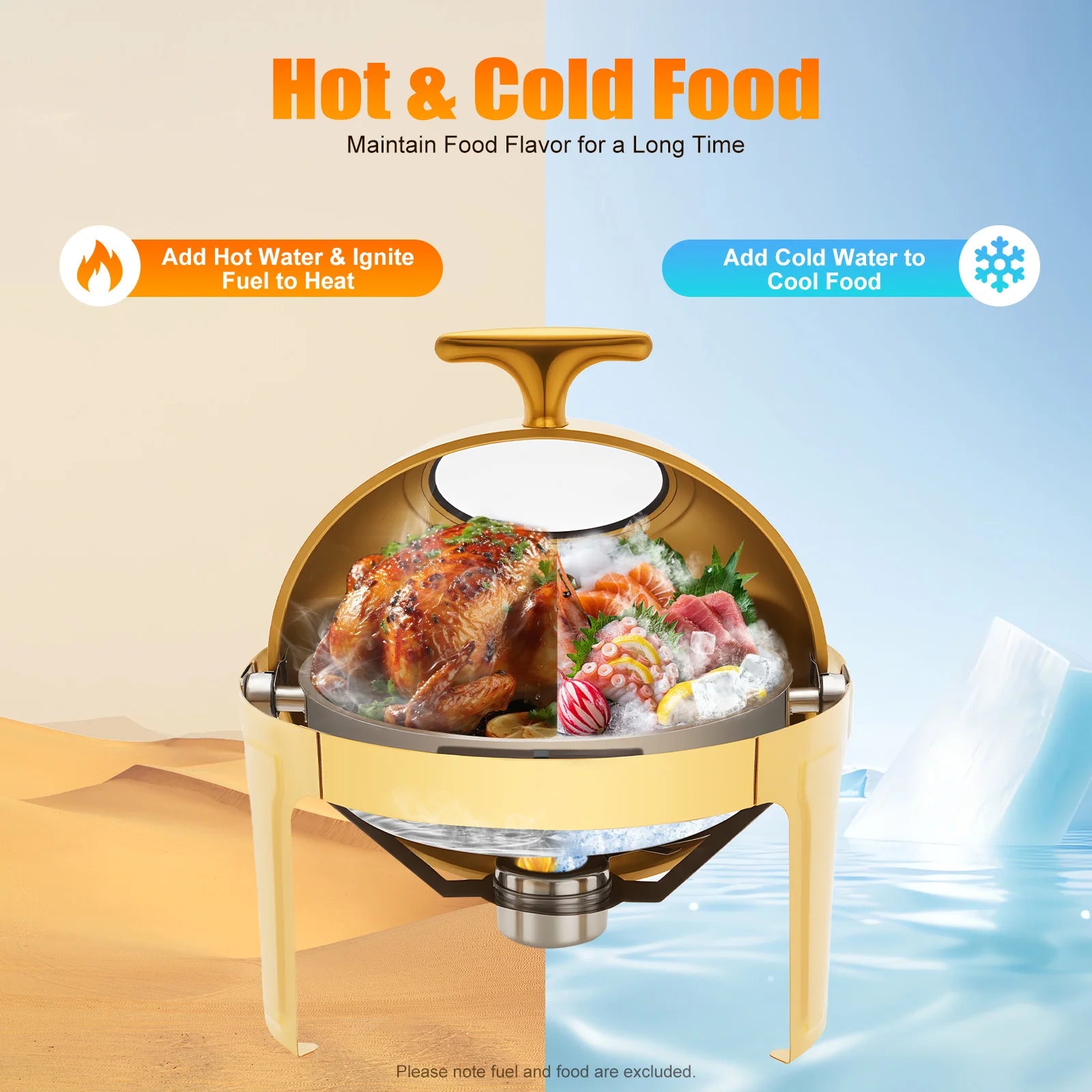 Gold Round Roll Top Chafing Dish 6L Stainless Steel Buffet Warmer with Visual Lid